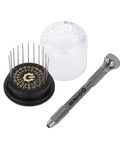 Top Notch Micro Drill Bit Set Number Sixty One Through Eighty With Classic Pin Vise And Compact Dome Case showing high speed steel bits and pin vise.