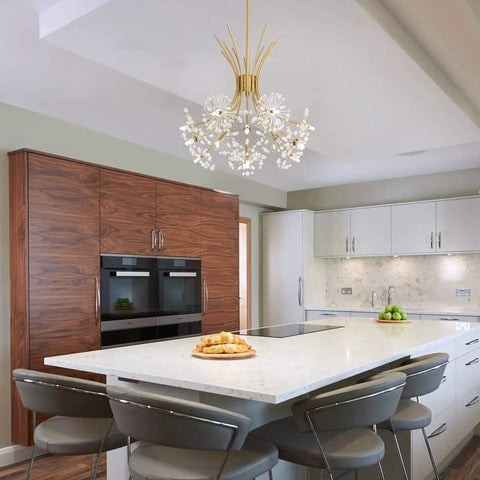 Glam Gold 13 Bulb LED Pendant Light Chandelier With Crystal Flower Shade in modern kitchen setting.