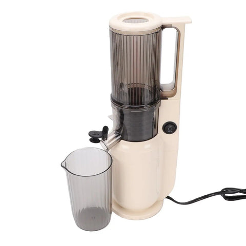Onythral Compact Electric Cold Press Juicer With 3.15 Inch Wide Mouth shows beige design, 80mm feed tube, and a measuring cup.