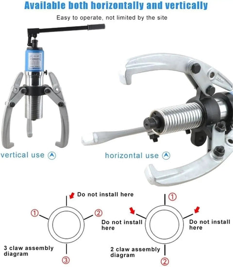 Heavy Duty Hydraulic Bearing Puller Wrench 15 Ton showing vertical and horizontal use with illustration diagrams for assembly.