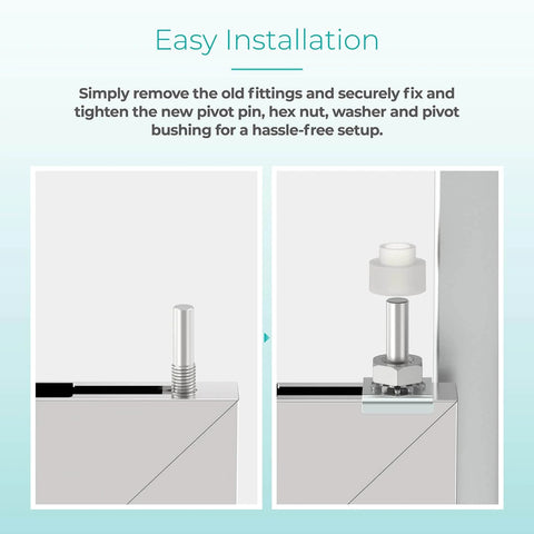 Shower Door Hinge Pin Kit With Pivot Bushing For Framed Swing Doors Replacement Parts shown with stainless steel pin and nylon bushing installation.