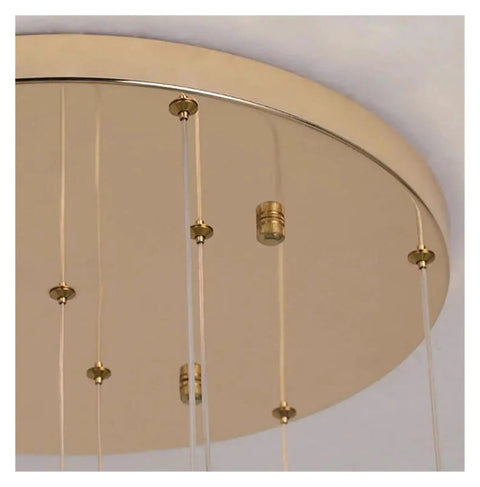 Close-up of Dope Modern Nordic Staircase Chandelier gold ceiling mount with hanging wires for living room and dining remote dimming.