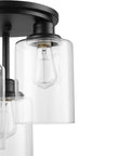 Close-up of Three Light Industrial Tiered Matte Black Flush Mount Ceiling Light With Clear Glass Shade Dimmable E26 Base