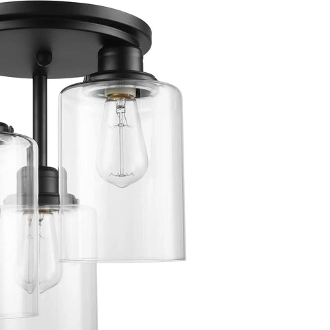 Close-up of Three Light Industrial Tiered Matte Black Flush Mount Ceiling Light With Clear Glass Shade Dimmable E26 Base