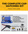 On Demand Custom Color Punch Kit For Cabinet Making Create Perfectly Matched Caps From Your Veneer Or Edgebanding Ideal For Small Scale Refacing Or Touch Ups Compact Easy To Use For Materials Up To 0.022 Inches Pro Grade Tool For Quick Cap Touchups with tools and accessories in blue case