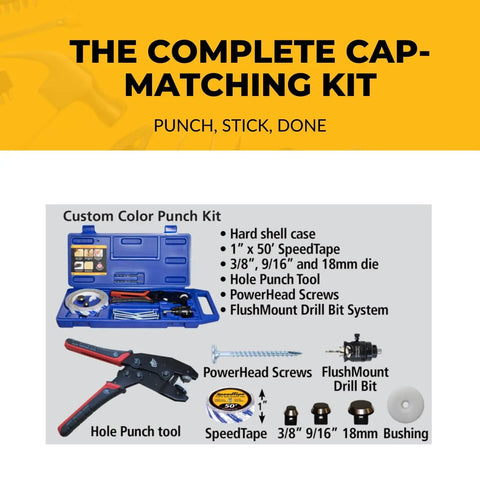 On Demand Custom Color Punch Kit For Cabinet Making Create Perfectly Matched Caps From Your Veneer Or Edgebanding Ideal For Small Scale Refacing Or Touch Ups Compact Easy To Use For Materials Up To 0.022 Inches Pro Grade Tool For Quick Cap Touchups with tools and accessories in blue case