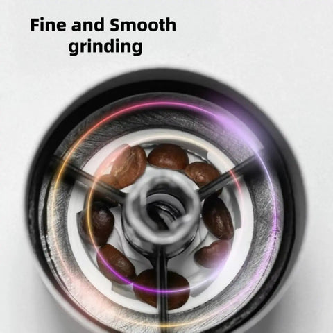 View of ceramic burr grinding coffee beans in Portable Manual Coffee Grinder With Ceramic Burr, Adjustable Settings And Detachable Hand Crank For Travel, Camping, Office Or Home Use, Grind Fresh Espresso Or Pour Over On The Go.