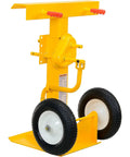 Heavy Duty Rugged Trailer Jack Stand With Slick Rolling Wheels, 41 To 55 Inch Adjustable Height Steel Base, Fold Away Hand Crank, Rock Solid For Shop Tasks on yellow base with large wheels.