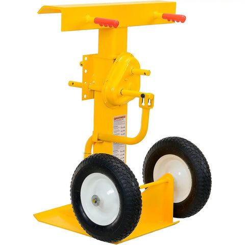 Heavy Duty Rugged Trailer Jack Stand With Slick Rolling Wheels, 41 To 55 Inch Adjustable Height Steel Base, Fold Away Hand Crank, Rock Solid For Shop Tasks on yellow base with large wheels.