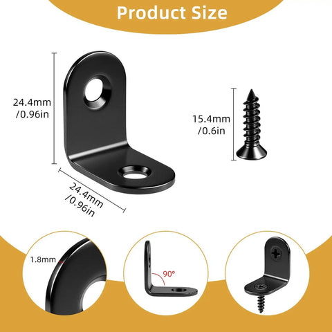 Twenty Piece Heavy Duty Black L Brackets For Wood And Metal Shop Projects Featuring Corrosion Resistant Stainless Steel Build With Countersunk Screws. Dimensions and features displayed.