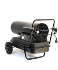 Portable High Output 37KW Industrial Diesel Air Fan Heater With Smart Remote Control, black metal housing on wheels.