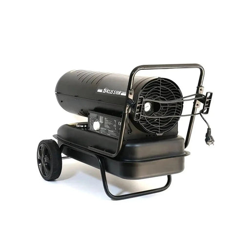 Portable High Output 37KW Industrial Diesel Air Fan Heater With Smart Remote Control, black metal housing on wheels.