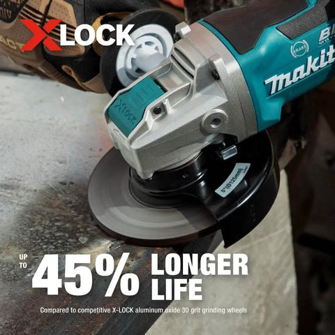 X-Lock 5 Inch General Purpose Grinding Wheel 36 Grit Type 27 in use on metal surface