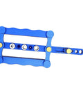 Rock Solid Self Centering Doweling Jig 6 Piece Aluminum Alloy Drill Bit Locator showing blue design with adjustable pins.