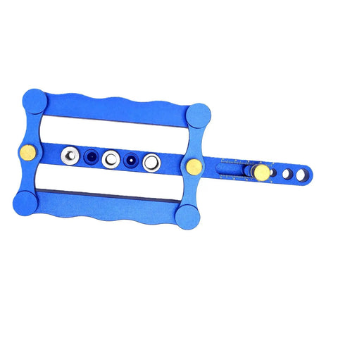 Rock Solid Self Centering Doweling Jig 6 Piece Aluminum Alloy Drill Bit Locator showing blue design with adjustable pins.