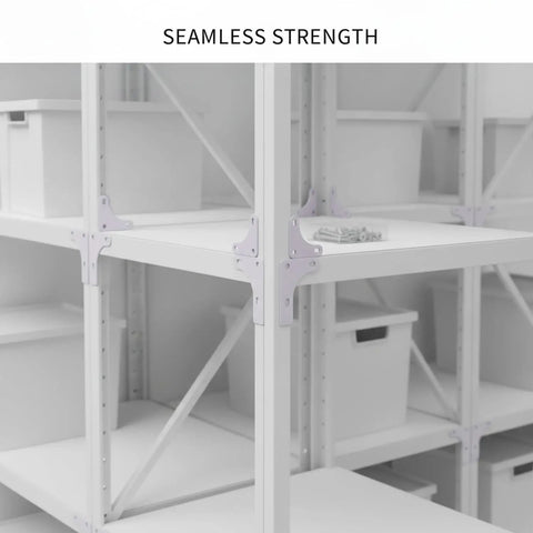 White Steel Shelf Brackets Set Includes Right Angle Corner Supports For Shelving, Heavy Duty L Brackets in use on shelves