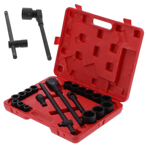 Get This Insane 21 Piece Deep Impact Socket Set With 3/4 And Two Inch Heads For Heavy Duty Vehicle Repair Jobs Making Mechanics Look Like Total Bosses Who Ace Every Tough Job Under The Hood Fast. Deep impact socket set in red case, black steel pieces