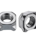 Heavy Duty Square Weld Nuts M8-1.25 UNC Carbon Steel Machine Screws Gray 10 Pack side view of two square weld nuts.