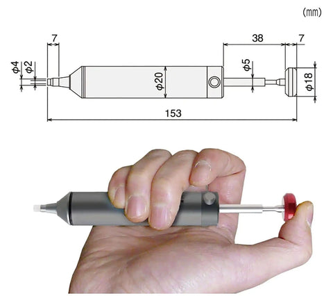 Diagram and hand holding Pro Grade Desoldering Pump Solder Sucker For Quick Clean Melted Solder Removal Made In Japan Aluminum