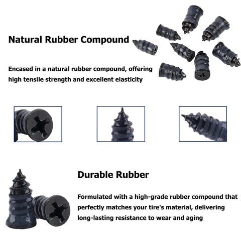 No Sweat Screw In Tire Plugs Repair Kit with Heavy Duty Vacuum Spiral Screws, showing natural rubber plugs for tire repair.