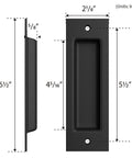6 1/2 Inch Matte Black Frosted Flush Pull For Sliding Barn Doors, Recessed Invisible Flat Finger Pull, shown with dimensions
