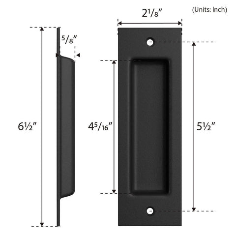 6 1/2 Inch Matte Black Frosted Flush Pull For Sliding Barn Doors, Recessed Invisible Flat Finger Pull, shown with dimensions