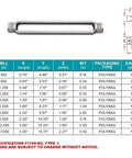 Heavy Duty Built Like A Tank Grade 316 Stainless Steel Turnbuckle Body specifications chart for marine rigging projects.