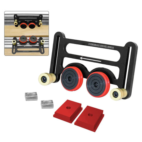 Precision Table Saw Guide Featherboard With Sliding Blocks And Double Wheel Bearing Roller for clean cuts, includes red and black roller components.
