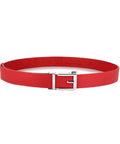 Genuine Leather Ratchet Dress Belt With Automatic Sliding Buckle Minimalist Style 1.3 Inch Wide Adjustable Trim To Fit 28 To 44 Inch Waists No Fuss Easy On Off Red belt with silver buckle displayed on white background.
