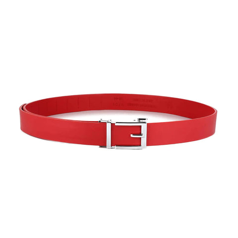 Genuine Leather Ratchet Dress Belt With Automatic Sliding Buckle Minimalist Style 1.3 Inch Wide Adjustable Trim To Fit 28 To 44 Inch Waists No Fuss Easy On Off Red belt with silver buckle displayed on white background.