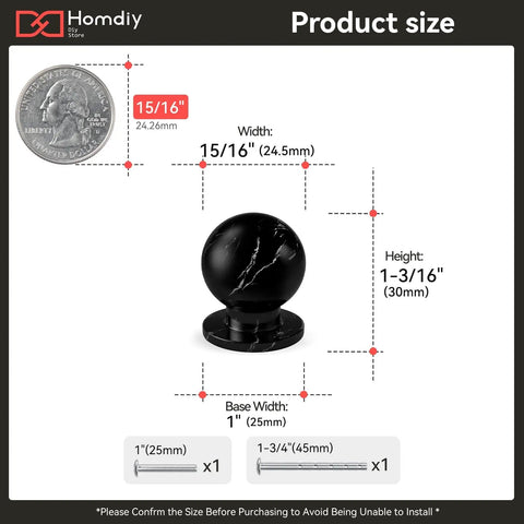 Top Tier Black Marble Cabinet Knobs And Round Drawer Handles 1 Inch Diameter 10 Pack Solid Aluminum Alloy No Sweat Mount Screws Included with size guide.