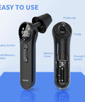 Kid Friendly Digital Forehead Thermometer For Adults And Kids, Multi Mode Temperature Readings For Ear Forehead Object And Room Temp, Fast Accurate Readings For Home Health Care black thermometer front and back view with display, probe, and battery cover