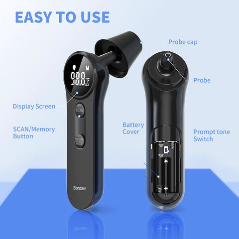 Kid Friendly Digital Forehead Thermometer For Adults And Kids, Multi Mode Temperature Readings For Ear Forehead Object And Room Temp, Fast Accurate Readings For Home Health Care black thermometer front and back view with display, probe, and battery cover