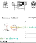 Technical diagram of 8 Pin M12 A Code Bulkhead Connector Male To Female IP67 Panel Mount Feedthrough, pin assignment visible.