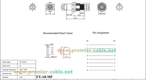 Technical diagram of 8 Pin M12 A Code Bulkhead Connector Male To Female IP67 Panel Mount Feedthrough, pin assignment visible.