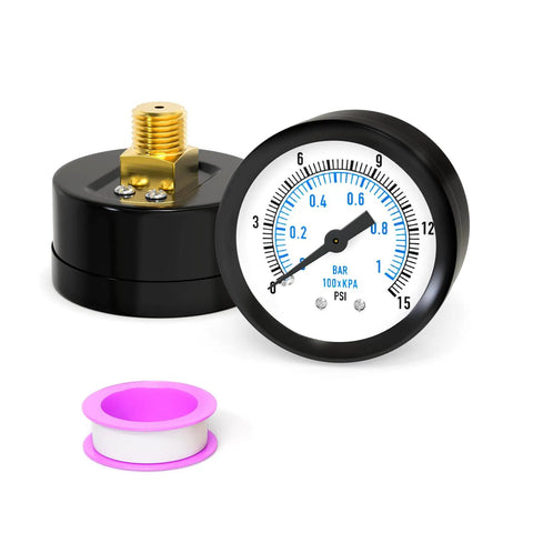 Well Pump Pressure Gauge 0 To 15 Psi, 1 Quarter In NPT, 2 In Dial, Center Back Mount with Teflon tape for DIY projects