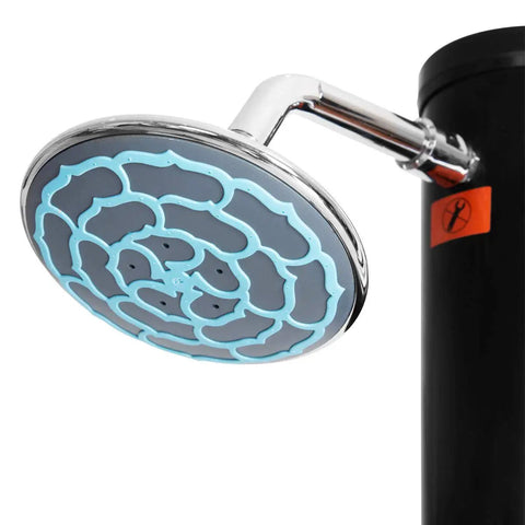 Close-up of shower head on Solar Heated Outdoor Shower With Two Section Setup, 7.2Ft Tall And 5.5 Gallon Capacity, black finish