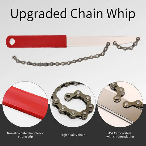 Close-up of chain whip from 5 Piece Bike Cassette Removal Tool Set with red handle, high quality chain, and chrome plated steel.