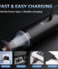 Cordless Mini Vacuum Cleaner With Powerful Suction And Blowing Modes charging via USB cable, showing power sources like PC, car, and power strip.