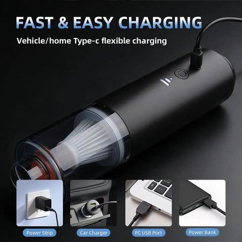 Cordless Mini Vacuum Cleaner With Powerful Suction And Blowing Modes charging via USB cable, showing power sources like PC, car, and power strip.