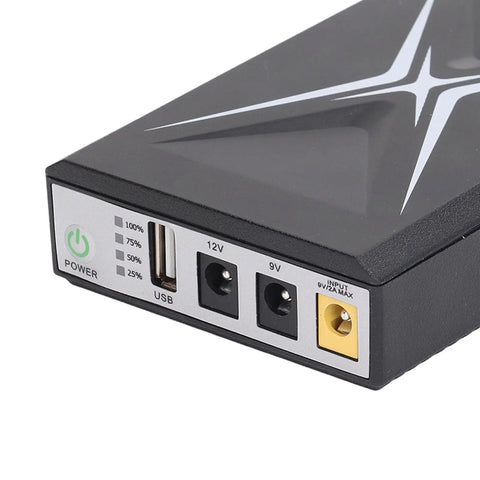 10400mAh Mini UPS Battery Backup with dual inputs for security cameras and routers, showing power status and USB, 9V, 12V ports.
