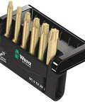 Torx HF Power Bit Set With Holding Function, 6 TX HF Bits in compact Bit-Check system, gold bits in black holder, 50mm length