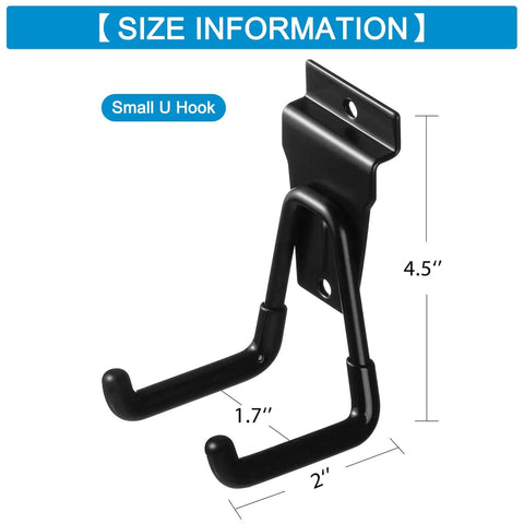 Small U hook with rubber coating, size 4.5" x 2", part of 12 Pack Heavy Duty Slatwall Hooks For Garage Organization Must Have U Hooks Cushioned Rubber Coated Anti Slip Durable Fits Proslat Crownwall StoreWALL HandiWall Hello Garage Slatwall Panels.
