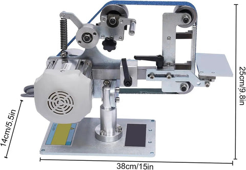 Heavy Duty 1x30 Belt Sander And Disc Grinder With Brushless Motor For Desktop Woodworking showing adjustable components and motor.
