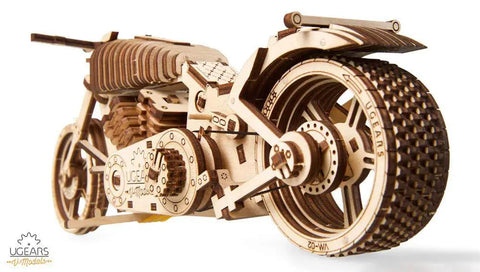 Wooden Mechanical Motorcycle DIY Kit With Rubber Band Engine Dope Vintage Bike Model For Vehicle Enthusiasts And Bikers Plywood Build With Wide Rear Wheel Prime Gift Idea, front view