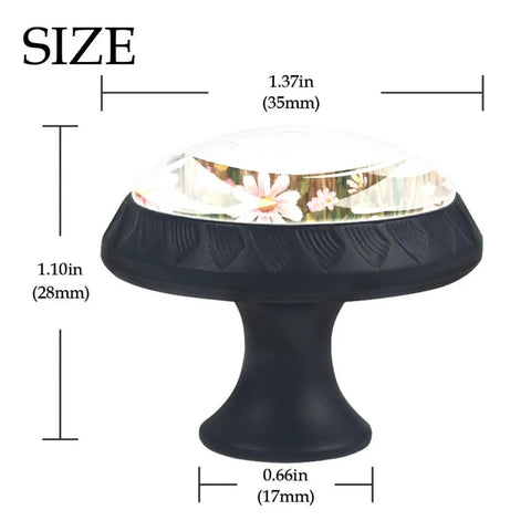 Four Pack Spring Flowers Chickens Fence Round Cabinet Knobs In Black with Dimensions 35mm Top, 17mm Base, 28mm Projection