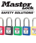 Five Master Lock safety padlocks in red, black, green, blue, and yellow with "Locked Out Do Not Remove" labels.