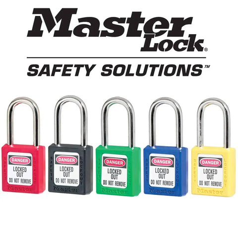 Five Master Lock safety padlocks in red, black, green, blue, and yellow with "Locked Out Do Not Remove" labels.