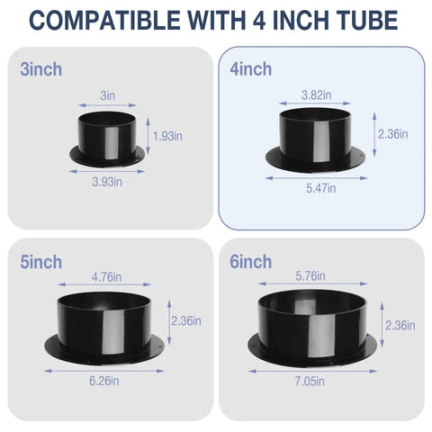 Black 4 Inch ABS Plastic Duct Connector Flange For Dust Collection and Dryer Venting compared with other sizes