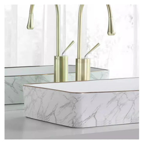 USZWBY Vessel Sinks Nordic Light Luxury Modern Above-Ground Basin Household Wash Single Bathroom Balcony Ceramic Bathroom Bowl Sink with marble pattern.